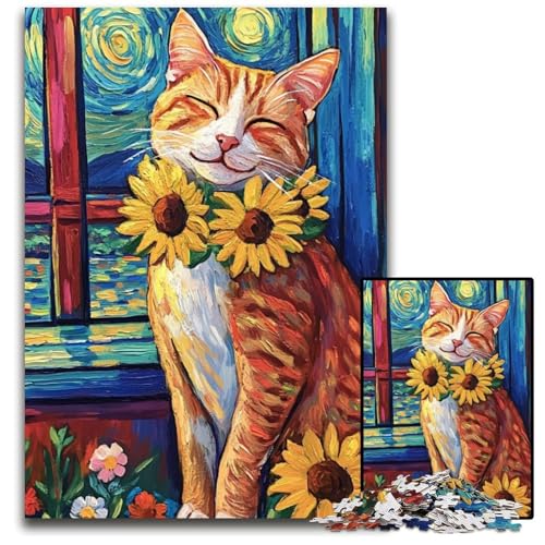 1000-teiliges Puzzle für Erwachsene und Teenager, Nachthimmel, Sonnenblume, Katze, Karton-Puzzle, Lernspiele, DIY-Spielzeug, Geburtstagsgeschenk, Geschenke für 14-Jährige, 26x38cm von JIANGENNF