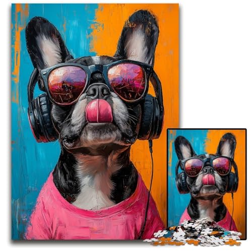 1000-teiliges Puzzle für Teenager, Bulldogge hört Musik, Papppuzzle für 14+, schwer zu vervollständigen, Aber lustiges und humorvolles Geburtstagsgeschenk, 26x38cm von JIANGENNF