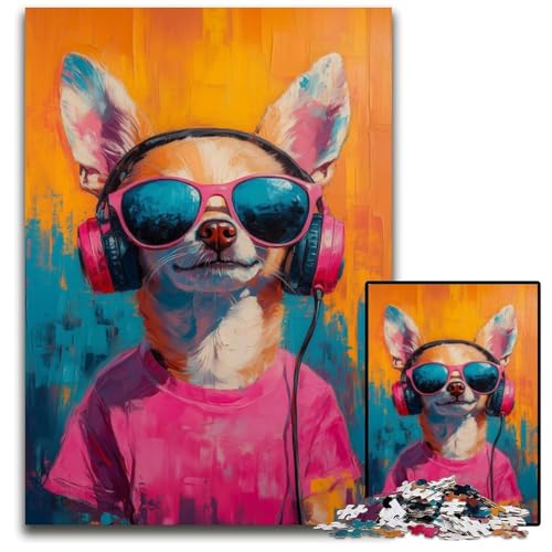 1000-teiliges Puzzle für Teenager, Chihuahua hört Musik, Holzpuzzle für 14+, schwer zu vervollständigen, Aber lustiges und humorvolles Geburtstagsgeschenk, 50x75cm von JIANGENNF