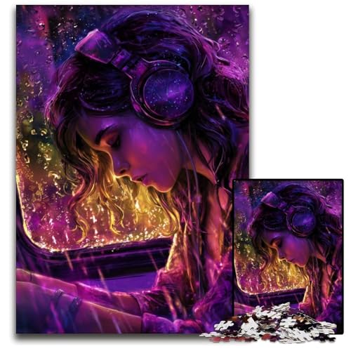 1000-teiliges Puzzle für Teenager, Frau hört Musik, Holzpuzzle, farbenfrohe Heimdekoration und interaktives Familienspiel, 50x75cm von JIANGENNF