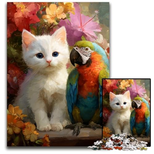 1000-teiliges Puzzle für Teenager, Katze und Papagei, Holzpuzzle, interessanter Stressabbau, Geschenkideen für 14+, 50x75cm von JIANGENNF