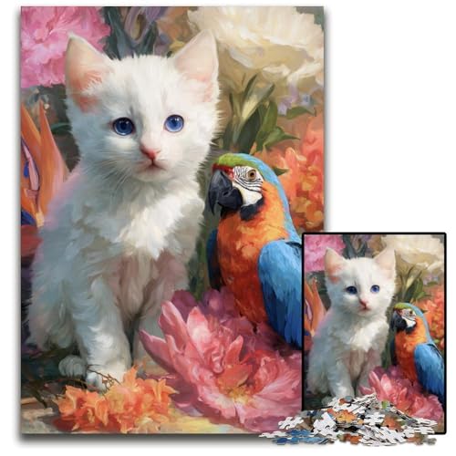 1000-teiliges Puzzle für Teenager, Katze und Papagei, Papppuzzle für 14+, schwer zu vervollständigen, Aber lustiges und humorvolles Geburtstagsgeschenk, 26x38cm von JIANGENNF