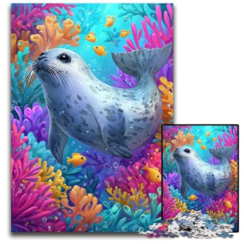 1000-teiliges Puzzle für Teenager, Meeresrobbe, Holzpuzzle, farbenfrohe Heimdekoration und interaktives Familienspiel, 50x75cm von JIANGENNF