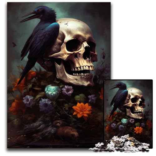 1000-teiliges Puzzle mit floralem Rabenschädel, anspruchsvolles Puzzle, interaktives Familienspiel, Denksportaufgabe, Lernspielzeug, 50x75cm/19,68x29,52 Zoll von JIANGENNF