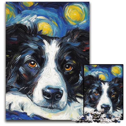 Border Collie Night Sky 1000-teiliges Puzzle für Erwachsene, interaktives Familienspiel, Gehirn-Herausforderung, Lernspielzeug, 26x38cm/10,23x14,96 Zoll von JIANGENNF