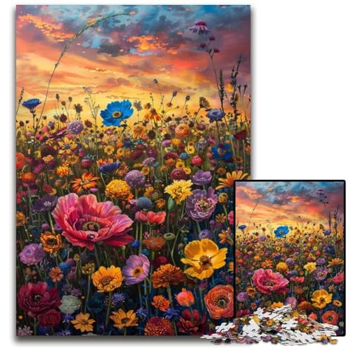 Bunte Wildblumen-Puzzles 1000 Teile für Erwachsene, Holzpuzzles, Weihnachten, Halloween, Ostern, Neujahr, 50x75cm/19,68x29,52 Zoll von JIANGENNF