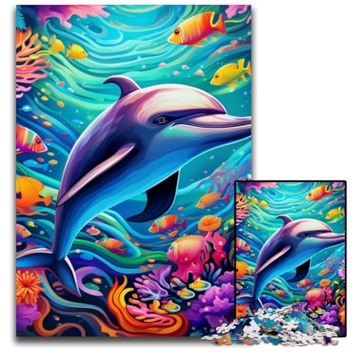 Buntes Delfin-Puzzle, 1000 Teile, Holzpuzzle, Weihnachten, Halloween, Ostern, Neujahr, 50x75cm/19,68x29,52 Zoll von JIANGENNF