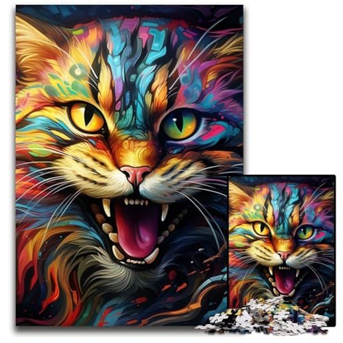 Buntes Kunst-Puzzle mit Psychedelischer Katze, 1000 Teile, für Erwachsene, Papp-Puzzle, Spaß für Zuhause, Geburtstagsgeschenk, Reisegeschenk, 26x38cm/10,23x14,96 Zoll von JIANGENNF