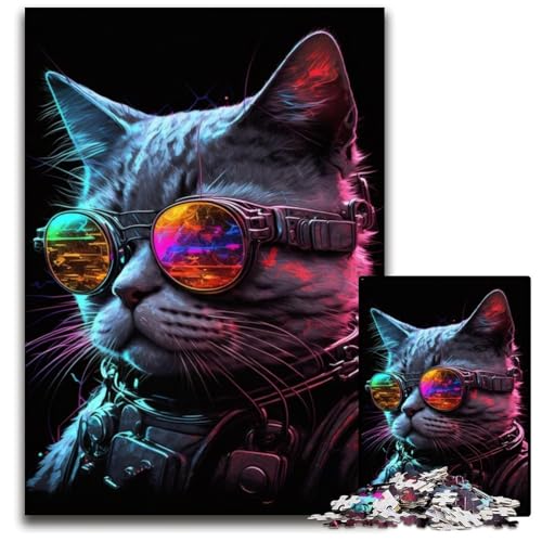 Farbige Brille Katze 1000-teiliges Puzzle aus Holz für Erwachsene für Reiseliebhaber und Paare, anspruchsvolles Spielzeug 50x75cm/19,68x29,52 Zoll von JIANGENNF