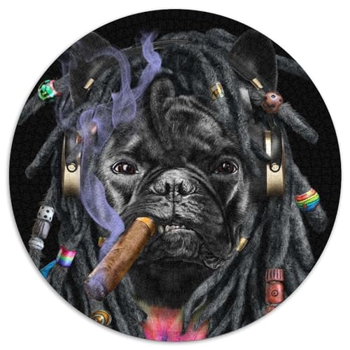Französische Bulldogge mit Dreadlocks, Puzzle 1000 Teile, runde Puzzles mit 1000 Teilen für Erwachsene, Lernspielzeug für Teenager, Heimbüro-Dekor (Größe 67,5 x 67,5 cm) von JIANGENNF