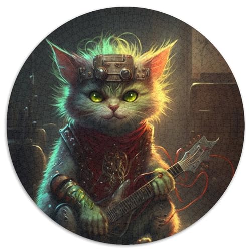 Gitarren-Rock-Katze-Puzzle für Erwachsene, 1000 Teile, rundes Puzzle mit 1000 Teilen, interaktives Familienspiel, Bastelgeschenk mit farbenfrohen Kunstwerken (Größe 67,5 x 67,5 cm) von JIANGENNF