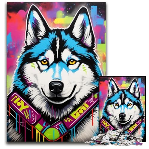 Graffiti-Malerei Husky-Puzzle für Erwachsene, 1000 Teile, Papppuzzle, interaktives Familienspiel, Denksportaufgabe, Lernspielzeug, 26x38cm/10,23x14,96 Zoll von JIANGENNF