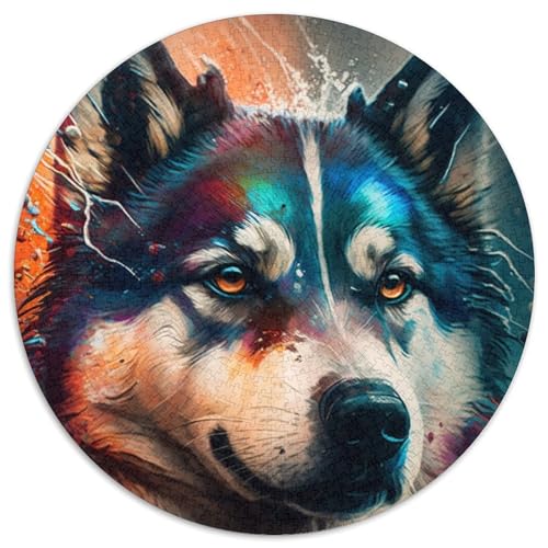Husky-Hund-Puzzle für Erwachsene, 1000-teiliges, rundes Puzzle, interaktives Familienspiel, Denksportaufgabe als Geschenk, Lernspielzeug (Größe 67,5 x 67,5 cm) von JIANGENNF