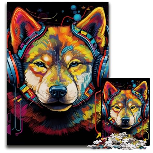 Husky mit Kopfhörer-Puzzle, 1000 Teile, Holzpuzzle, Weihnachten, Halloween, Ostern, Neujahr, 50x75cm/19,68x29,52 Zoll von JIANGENNF