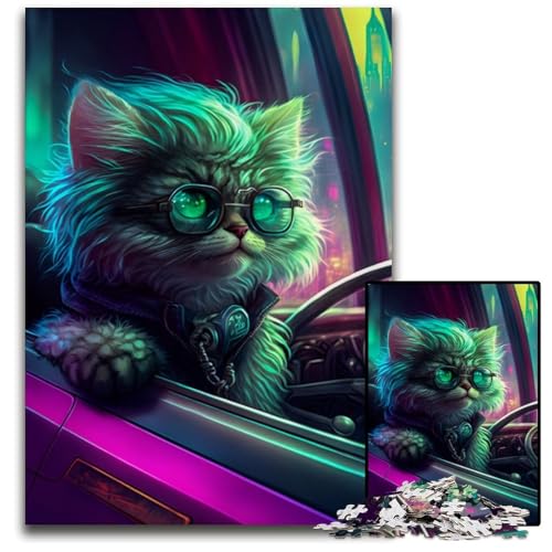 Kätzchen im Sportwagen, 1000-teiliges Puzzle für Erwachsene, anspruchsvolles Denkspiel – entspannendes Spielzeug für Teenager, 26x38cm/10,23x14,96 Zoll von JIANGENNF