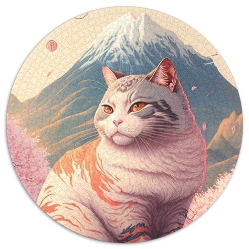 Katzen-Kirschblüte, Japan, 1000-teiliges Puzzle, rundes Puzzle, 1000 Teile, anspruchsvolles DIY-Denkspiel, perfektes Familienspiel oder dekoratives Geschenk (Größe 67,5 x 67,5 cm) von JIANGENNF