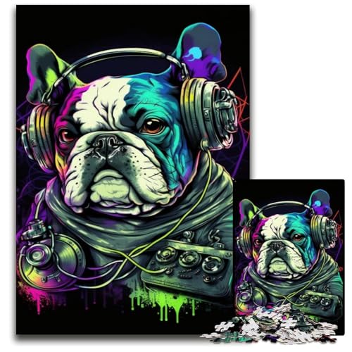 Kopfhörer-Bulldogge, 1000-teiliges Puzzle, Puzzle für Erwachsene, farbenfrohe Heimdekoration und interaktives Familienspiel, 26x38cm/10,23x14,96 Zoll von JIANGENNF