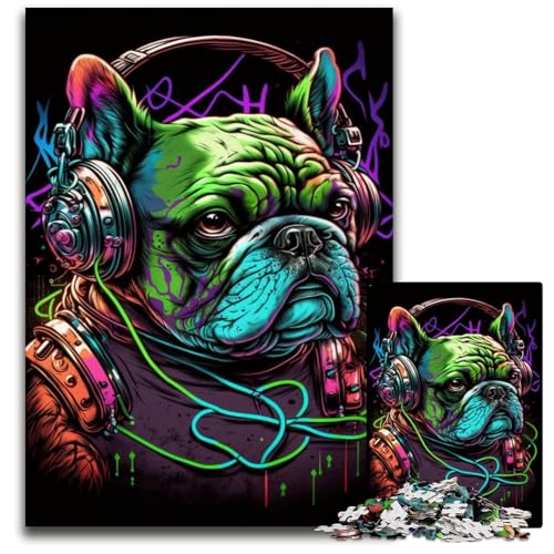 Kopfhörer-Bulldogge, 1000-teiliges Puzzle, Puzzle für Erwachsene, farbenfrohe Heimdekoration und interaktives Familienspiel, 50x75cm/19,68x29,52 Zoll von JIANGENNF