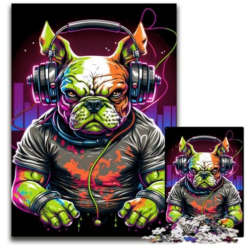 Kopfhörer-Bulldoggen-Puzzle für Erwachsene, 1000-teiliges unmögliches Puzzle für Erwachsene, perfekt für Halloween, Weihnachten, Geburtstagsgeschenk, 26x38cm/10,23x14,96 Zoll von JIANGENNF