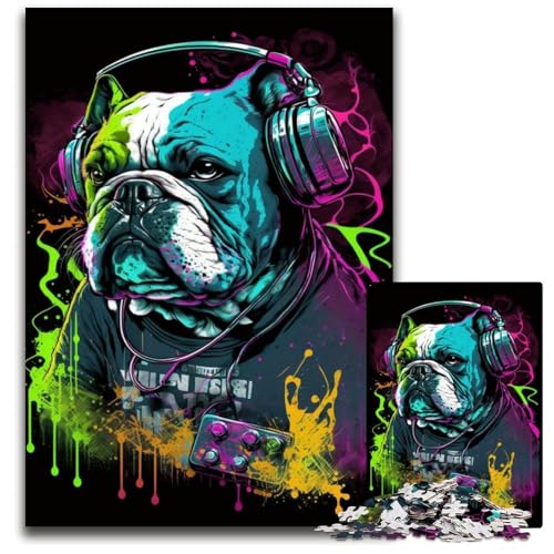 Kopfhörer-Bulldoggen-Puzzles für 1000 Teile, interaktives Familienspiel, Denksportaufgabe, Lernspielzeug, 50x75cm/19,68x29,52 Zoll von JIANGENNF