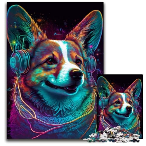 Kopfhörer-Corgi-Puzzle für Erwachsene, 1000-teiliges unmögliches Puzzle für Erwachsene, perfekt für Halloween, Weihnachten, Geburtstagsgeschenk, 50x75cm/19,68x29,52 Zoll von JIANGENNF