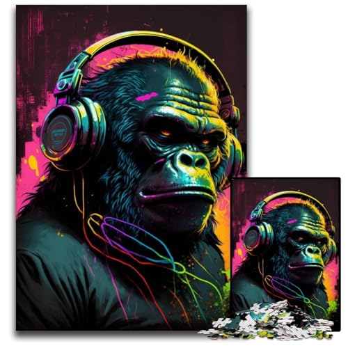 Kopfhörer-Gorilla, 1000-teiliges Puzzle, Puzzle für Erwachsene, Teenager, Paare und Freunde zum Geburtstag, Weihnachten, 50x75cm/19,68x29,52 Zoll von JIANGENNF
