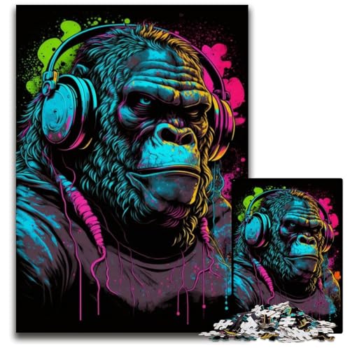 Kopfhörer-Gorilla-Puzzle 1000 Teile für Erwachsene, Holzpuzzle, Familie und Freunde, geeignet für Kinder ab 14 Jahren, 50x75cm/19,68x29,52 Zoll von JIANGENNF