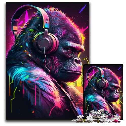 Kopfhörer-Gorilla-Puzzle für Erwachsene, 1000 Teile, anspruchsvolle Puzzles, anspruchsvolles Denkspiel für Teenager, Spaß für den Familienspieleabend, 26x38cm/10,23x14,96 Zoll von JIANGENNF