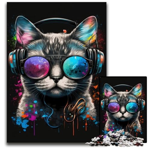 Kopfhörer-Katze, 1000-teiliges Puzzle, Puzzles für Erwachsene, farbenfrohe Heimdekoration und interaktives Familienspiel, 26x38cm/10,23x14,96 Zoll von JIANGENNF