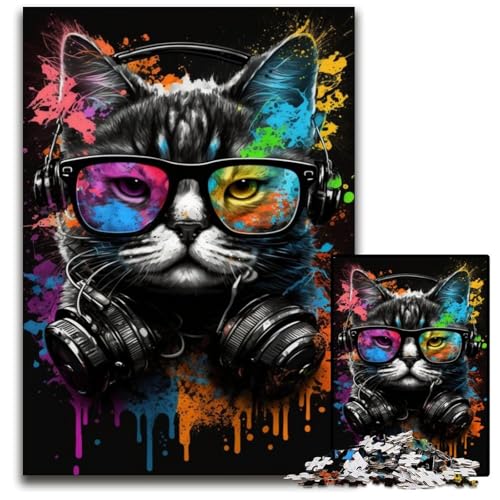 Kopfhörer-Katze, 1000-teiliges Puzzle, schwierige Puzzles für Erwachsene, Teenager, Paare und Freunde zum Geburtstag, Weihnachten, 26x38cm/10,23x14,96 Zoll von JIANGENNF