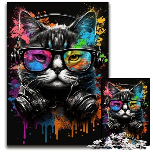 Kopfhörer-Katze, 1000-teiliges Puzzle für Erwachsene, Holzpuzzle für Erwachsene, Familienspaß, Gehirn-Herausforderung, Teenager, 50x75cm/19,68x29,52 Zoll von JIANGENNF