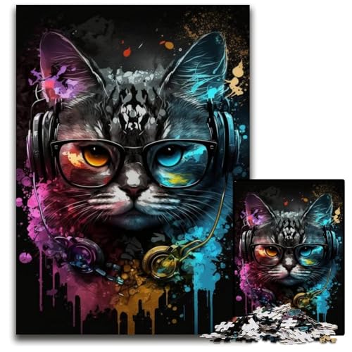 Kopfhörer-Katze, 1000-teiliges Puzzle für Erwachsene, Papppuzzle, Familienaktivität, Denksportaufgabe, Heimdekoration, 26x38cm/10,23x14,96 Zoll von JIANGENNF