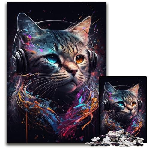 Kopfhörer-Katze 1000-Teile-Puzzle-Geschenke Schwierige Puzzles für Erwachsene DIY-Dekoration, Gehirn-Herausforderung, für Erwachsene, Familie, 26x38cm/10,23x14,96 Zoll von JIANGENNF