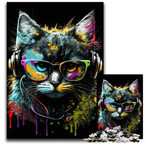 Kopfhörer-Katzen-Puzzle 1000 Teile für Erwachsene Puzzles für Erwachsene Perfekte Heim- oder Bürodekoration, 26x38cm/10,23x14,96 Zoll von JIANGENNF