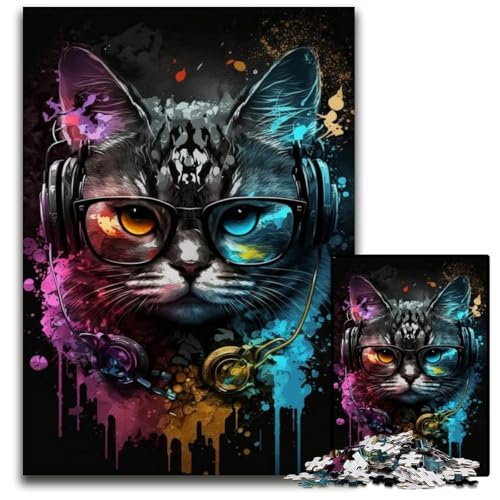 Kopfhörer-Katzen-Puzzle für Erwachsene, 1000-teiliges, anspruchsvolles Puzzle, DIY-Geschenk zur Heimdekoration, Denksportaufgabe für Erwachsene, 50x75cm/19,68x29,52 Zoll von JIANGENNF