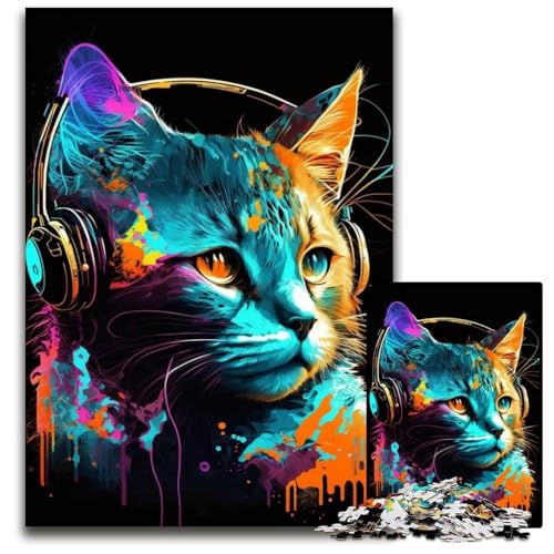 Kopfhörer-Katzen-Puzzle für Erwachsene, 1000-teiliges unmögliches Puzzle für Erwachsene, perfekt für Halloween, Weihnachten, Geburtstagsgeschenk, 26x38cm/10,23x14,96 Zoll von JIANGENNF