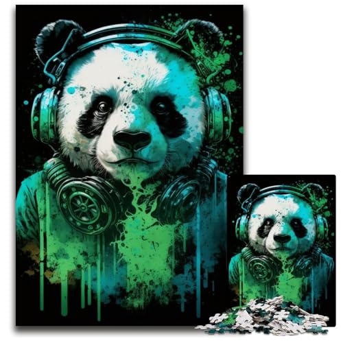 Kopfhörer-Panda-Puzzle 1000 Teile für Erwachsene, Holzpuzzle für Erwachsene, anspruchsvolles Denkspiel – entspannendes Spielzeug für Teenager, 50x75cm/19,68x29,52 Zoll von JIANGENNF