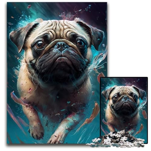 Mops-Mal-Puzzle, 1000 Teile, für Erwachsene, Holzpuzzle, Geburtstagsgeschenkidee, anspruchsvolles Denkspiel, 50x75cm/19,68x29,52 Zoll von JIANGENNF