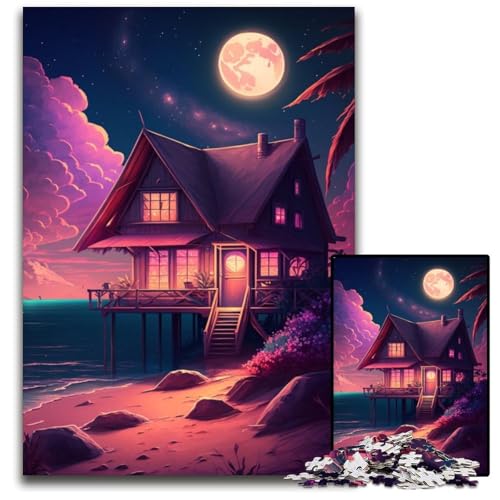 Neon Beach House Puzzle 1000 Teile für Erwachsene, anspruchsvolle Puzzles, pädagogische Aktivität für kognitive Fähigkeiten, Verbesserung der kognitiven Fähigkeiten, 50x75cm/19,68x29,52 Zoll von JIANGENNF