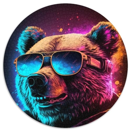 Neon Nights Bear 1000-teiliges Puzzle, rund, 1000 Teile, für Erwachsene, Schwierigkeitsgrad: Anfänger, ideal als Geburtstags (Größe: 67,5 x 67,5 cm) von JIANGENNF
