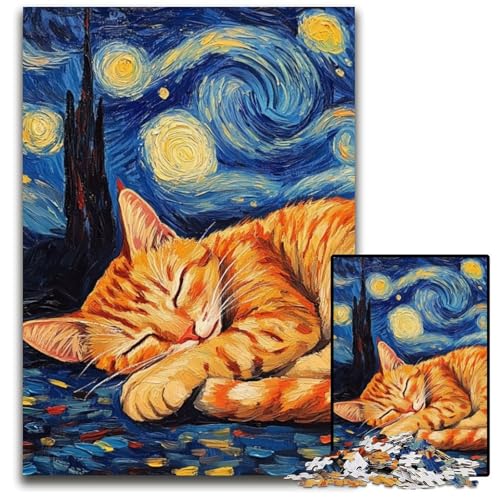 Orange Cat Night Sky 1000-teiliges Puzzle für Erwachsene, interaktives Familienspiel, Denksportaufgabe, Lernspielzeug, 26x38cm/10,23x14,96 Zoll von JIANGENNF