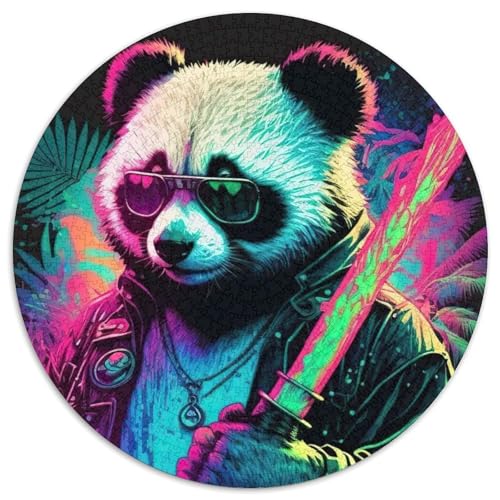 Panda-Neon-Puzzle für Erwachsene, 1000-teiliges, rundes Puzzle, interaktives Familienspiel, Denksportaufgabe als Geschenk, Lernspielzeug (Größe 67,5 x 67,5 cm) von JIANGENNF