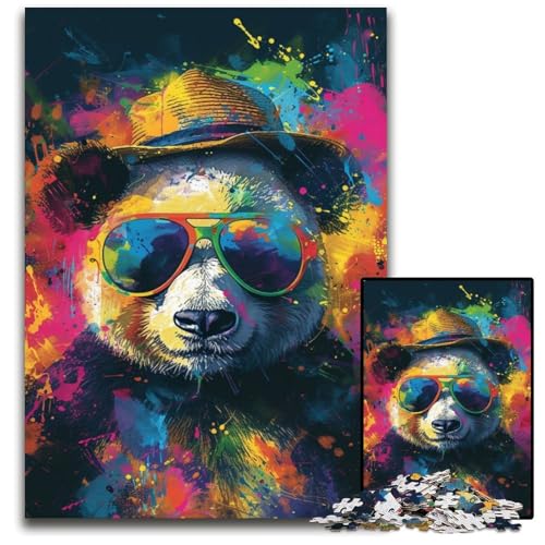 Panda mit Hut-Puzzle, 1000 Teile, für Erwachsene, Holzpuzzle, Weihnachten, Halloween, Ostern, Neujahr, 50x75cm/19,68x29,52 Zoll von JIANGENNF