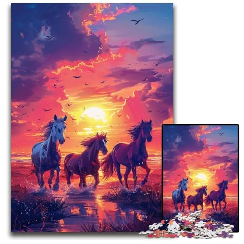 Pferde bei Sonnenuntergang, 1000-teiliges Puzzle aus Pappe, anspruchsvolles Denkspiel, Familienaktivität, Heimdekoration, 26x38cm/10,23x14,96 Zoll von JIANGENNF