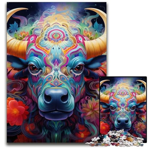 Psychedelic Buffalo 1000-teiliges Puzzle, anspruchsvolle Puzzles, interaktives Familienspiel, Gehirn-Herausforderung, Lernspielzeug, 26x38cm/10,23x14,96 Zoll von JIANGENNF
