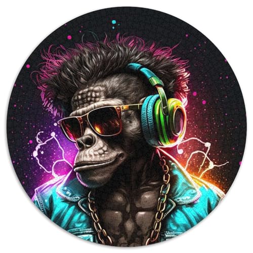 Puzzle 1000 Teile, AFFE, Kopfhörer, DJ-Musik, 1000 Teile, rundes Puzzle, Geschenke für Feiertage, Geburtstage und Familienspieleabende (Größe 67,5 x 67,5 cm) von JIANGENNF