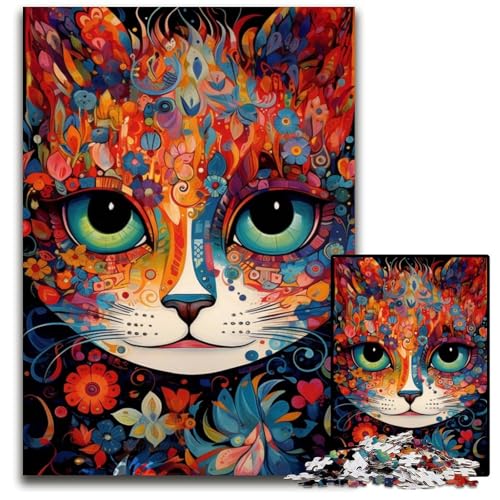 Puzzle 1000 Teile, Bunte Tierkatze, anspruchsvolles Rätsel, Denksportaufgabe, Spiel für Erwachsene, interaktive Aktivität für die Familie, 26x38cm/10,23x14,96 Zoll von JIANGENNF