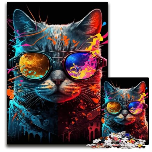 Puzzle 1000 Teile, Farbige Brille, Katze, Papppuzzle, Denksportaufgabe, Teenager und Heimdekoration, 26x38cm/10,23x14,96 Zoll von JIANGENNF