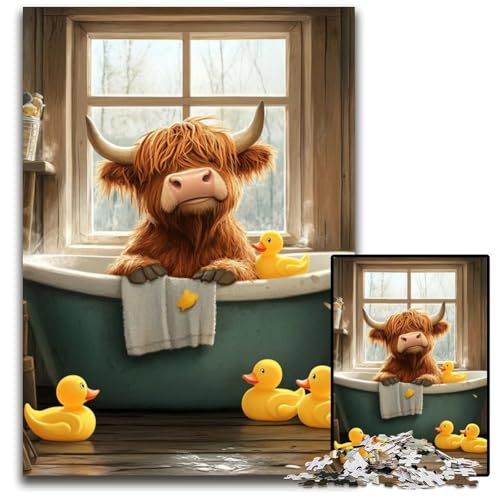 Puzzle 1000 Teile, Hochlandkuh in der Badewanne, Lernspiele, mit passendem Poster und Quizblatt, für Kinder ab 14 Jahren, 26x38cm von JIANGENNF