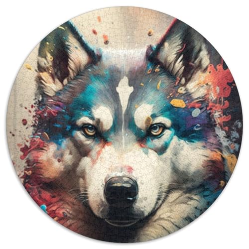 Puzzle 1000 Teile, Husky-Hund, 1000-teiliges rundes Puzzle, Spiel für Erwachsene, Geschenk, interaktives Familienspiel, Gehirn-Herausforderungsgeschenk (Größe 67,5 x 67,5 cm) von JIANGENNF